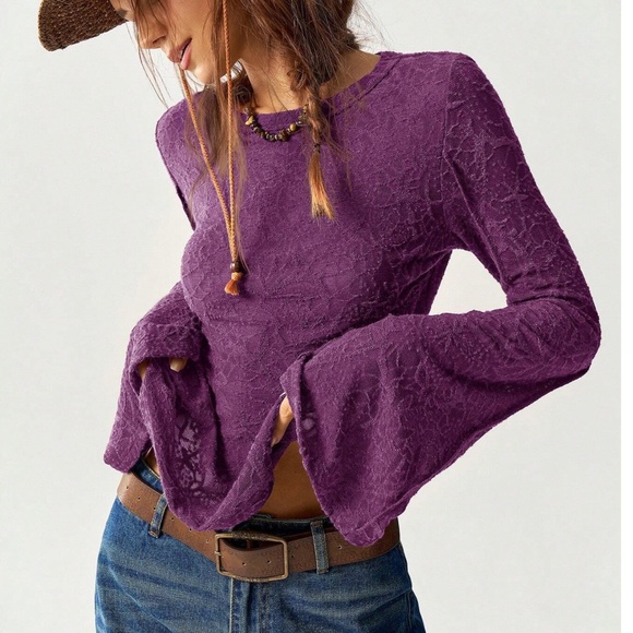 Solid lace Fitted Long Bell Sleeve Top - Picture 11 of 12